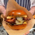 Cheeseburger with smoked pancetta and pickles